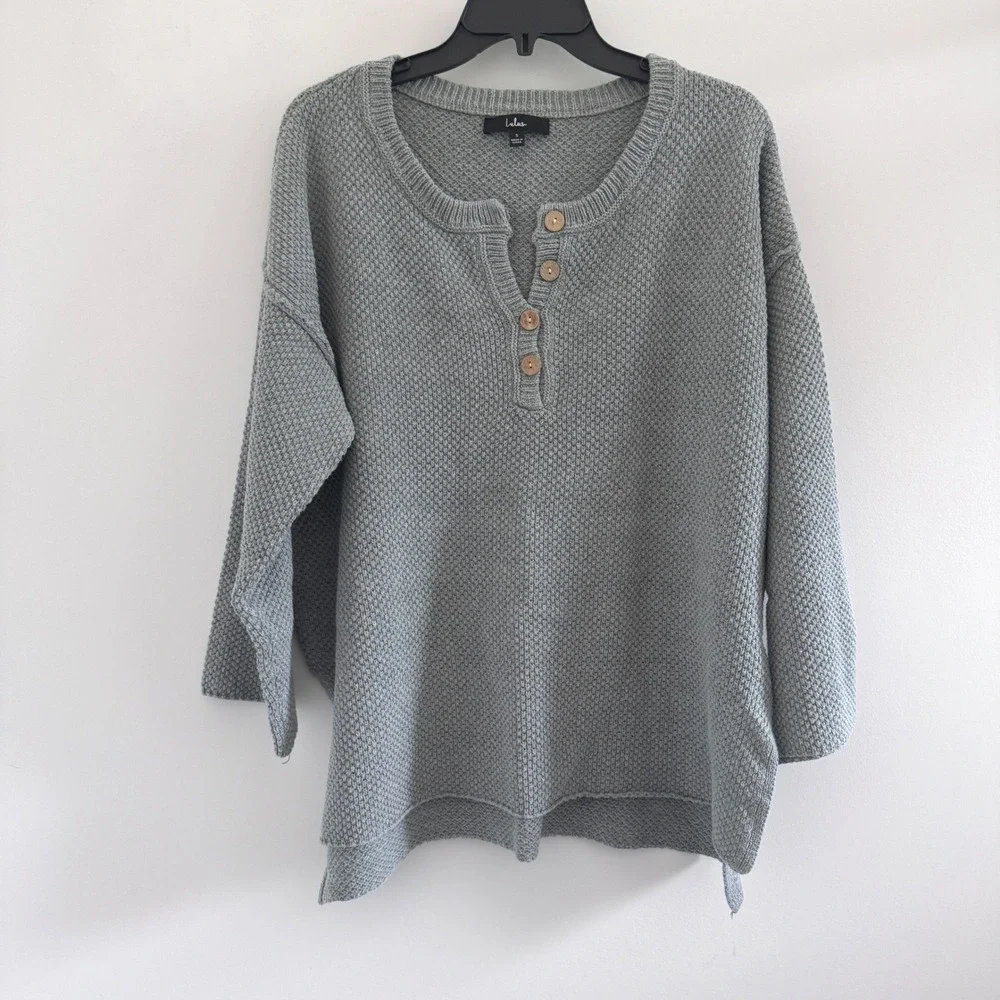 Lulus Sweater Henley Waffle Knit Womens Small Gray Oversized Boho